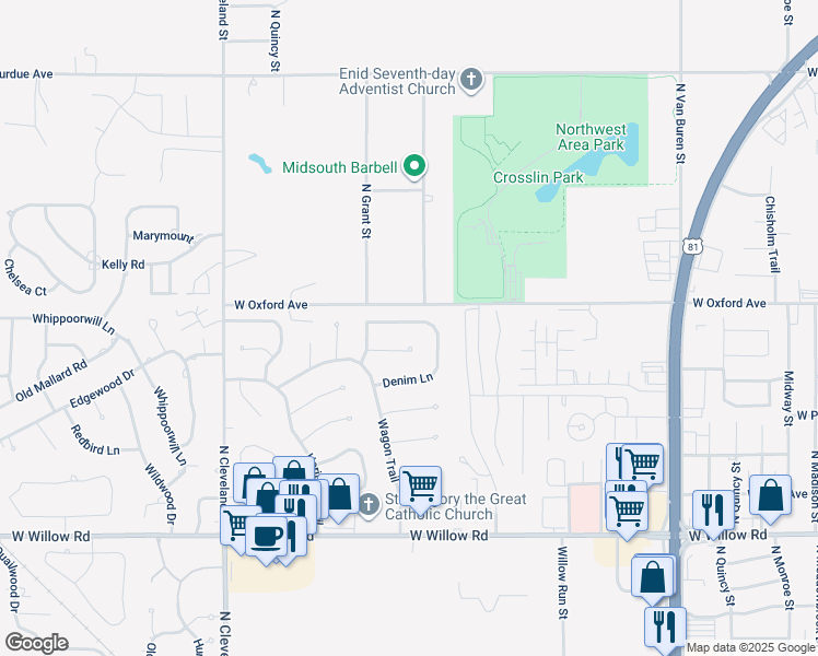 map of restaurants, bars, coffee shops, grocery stores, and more near 1702 Buckboard Lane in Enid