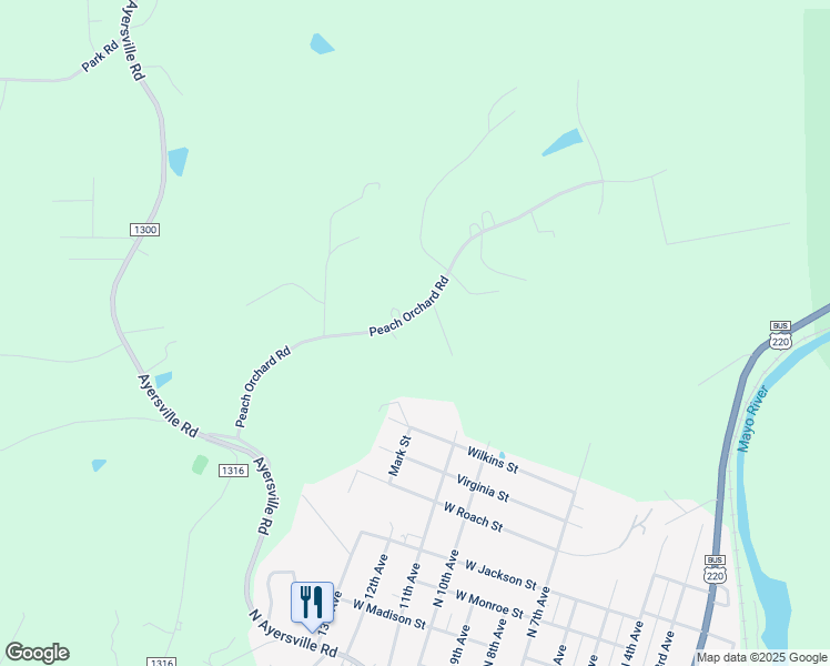 map of restaurants, bars, coffee shops, grocery stores, and more near 367 Peach Orchard Road in Mayodan