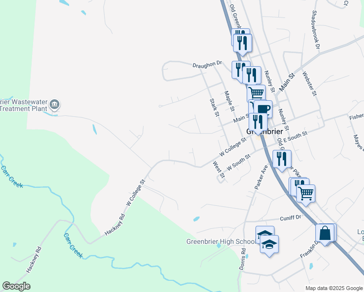 map of restaurants, bars, coffee shops, grocery stores, and more near in Greenbrier