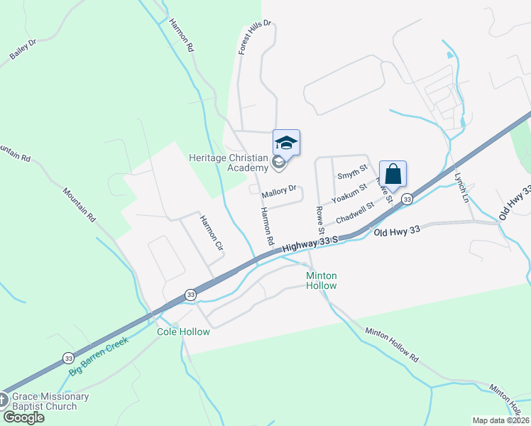 map of restaurants, bars, coffee shops, grocery stores, and more near 157 Harmon Road in New Tazewell