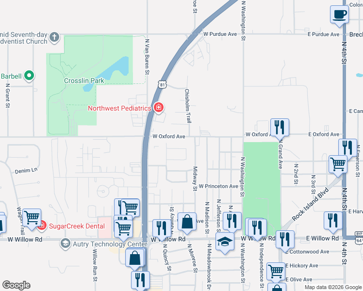 map of restaurants, bars, coffee shops, grocery stores, and more near 701 Mesquite Drive in Enid