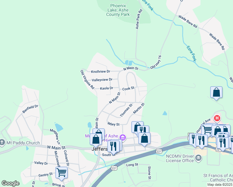 map of restaurants, bars, coffee shops, grocery stores, and more near 413 North Main Street in Jefferson