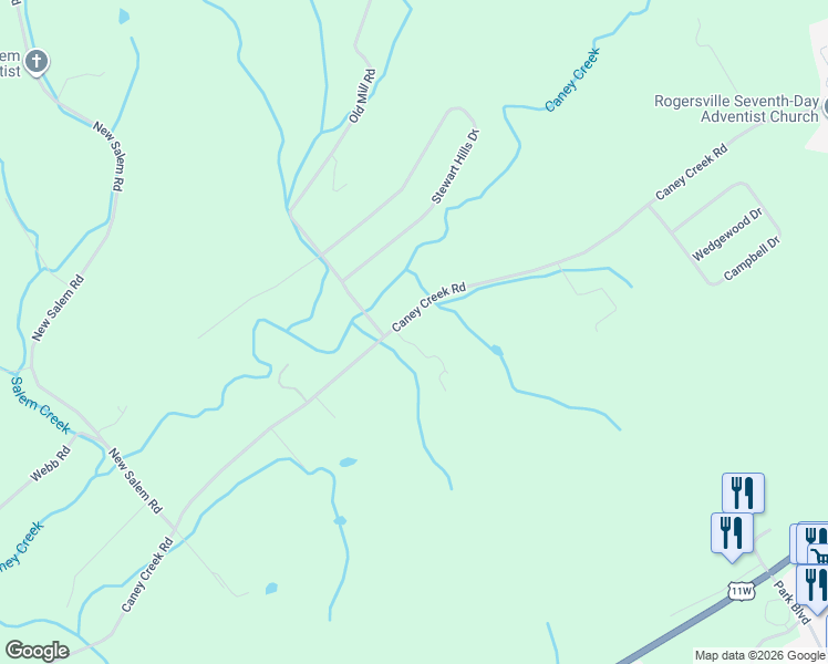 map of restaurants, bars, coffee shops, grocery stores, and more near 494 Caney Creek Road in Rogersville