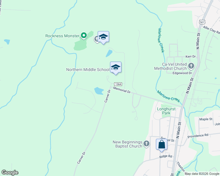 map of restaurants, bars, coffee shops, grocery stores, and more near 1935 Carver Drive in Roxboro