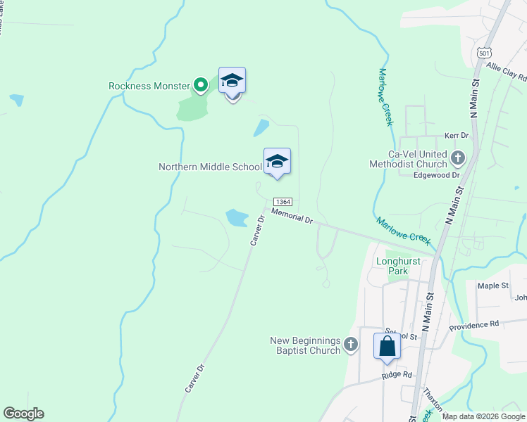 map of restaurants, bars, coffee shops, grocery stores, and more near 1935 Carver Drive in Roxboro