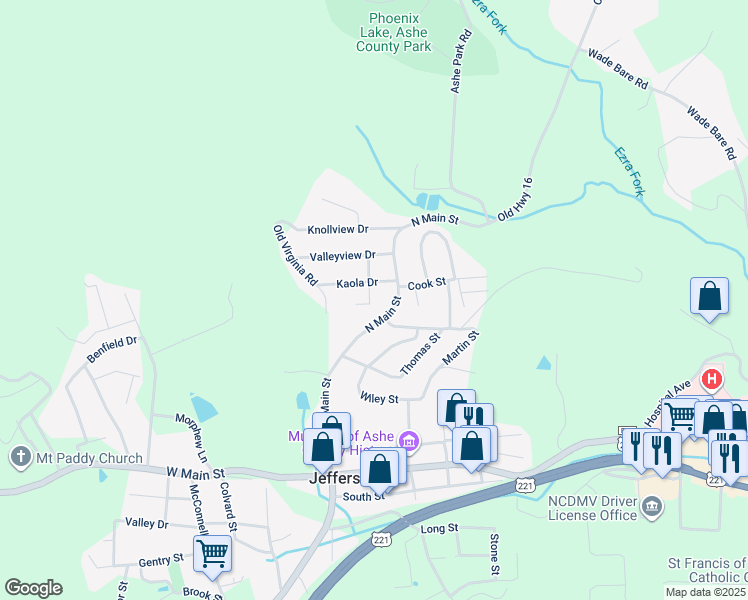 map of restaurants, bars, coffee shops, grocery stores, and more near 215 Hideaway Drive in Jefferson