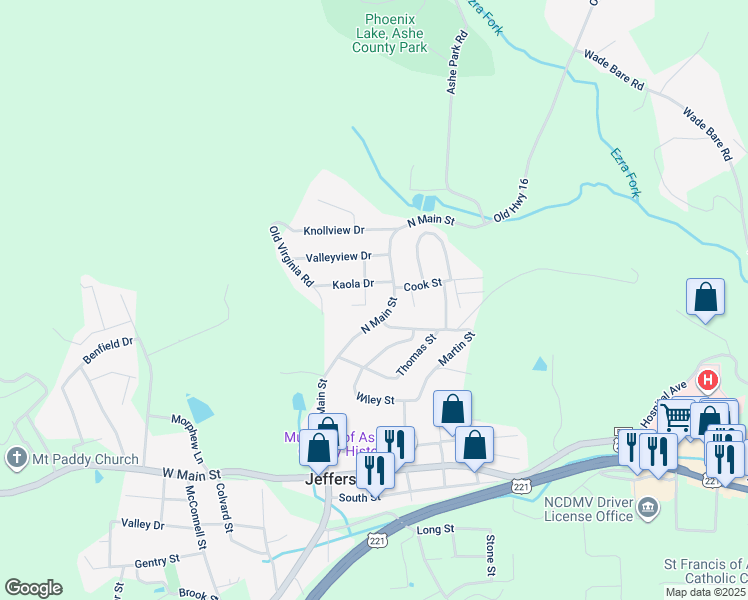 map of restaurants, bars, coffee shops, grocery stores, and more near 215 Hideaway Drive in Jefferson