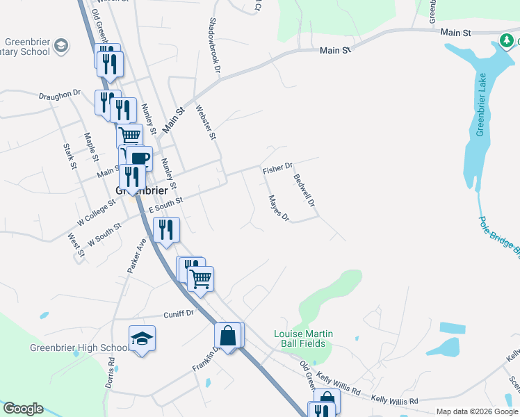 map of restaurants, bars, coffee shops, grocery stores, and more near 1005 Primrose Drive in Greenbrier