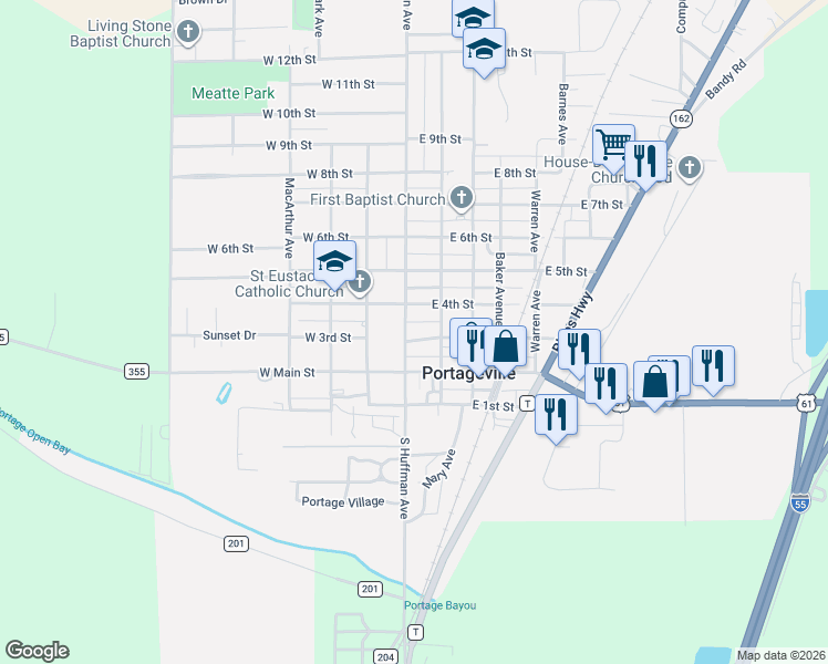 map of restaurants, bars, coffee shops, grocery stores, and more near 101-199 E 3rd St in Portageville