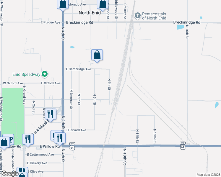 map of restaurants, bars, coffee shops, grocery stores, and more near 3015 North 7th Street in Enid