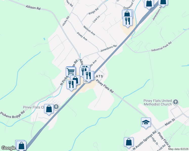 map of restaurants, bars, coffee shops, grocery stores, and more near 6135 Highway 11 East in Piney Flats