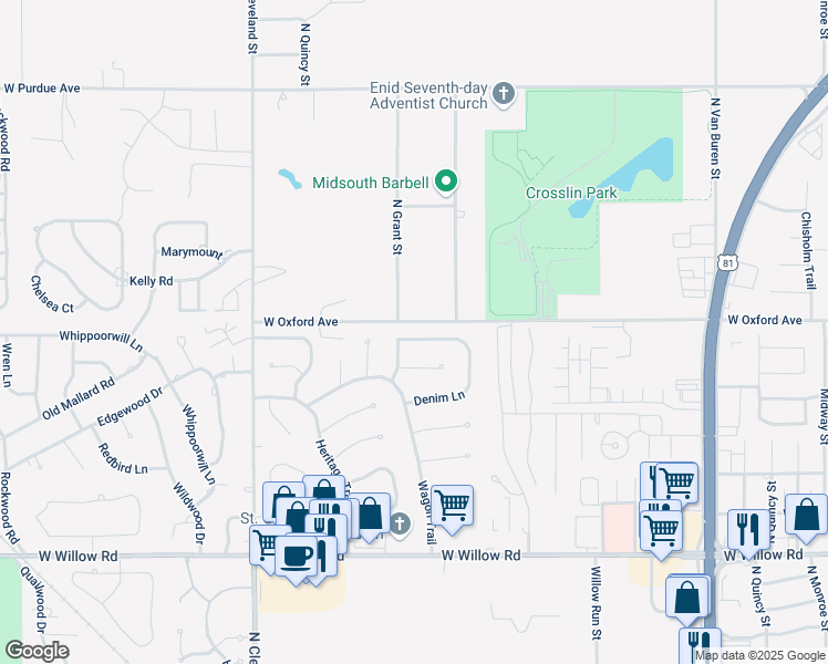 map of restaurants, bars, coffee shops, grocery stores, and more near 3115 North Grant Street in Enid