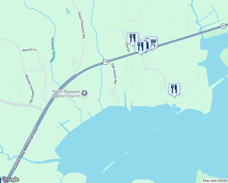 map of restaurants, bars, coffee shops, grocery stores, and more near 185 Oak Haven Road in Buchanan