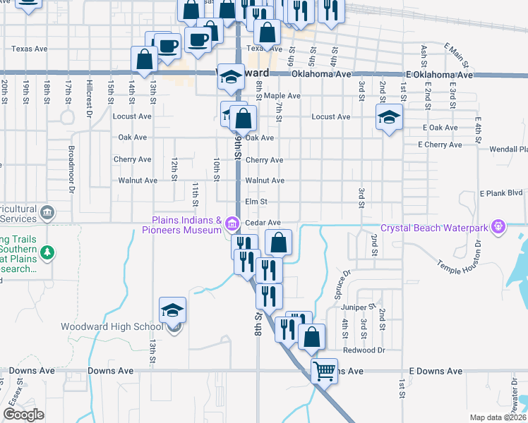map of restaurants, bars, coffee shops, grocery stores, and more near 1823 7th Street in Woodward