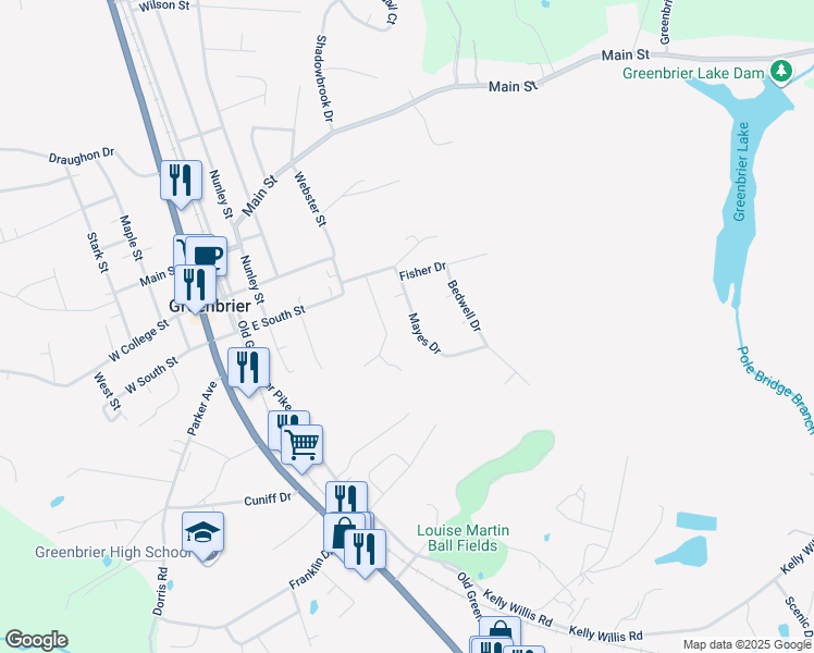 map of restaurants, bars, coffee shops, grocery stores, and more near 1010 Mayes Drive in Greenbrier