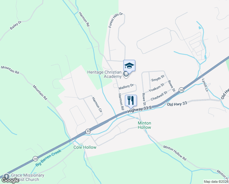 map of restaurants, bars, coffee shops, grocery stores, and more near 374 Mallory Drive in New Tazewell