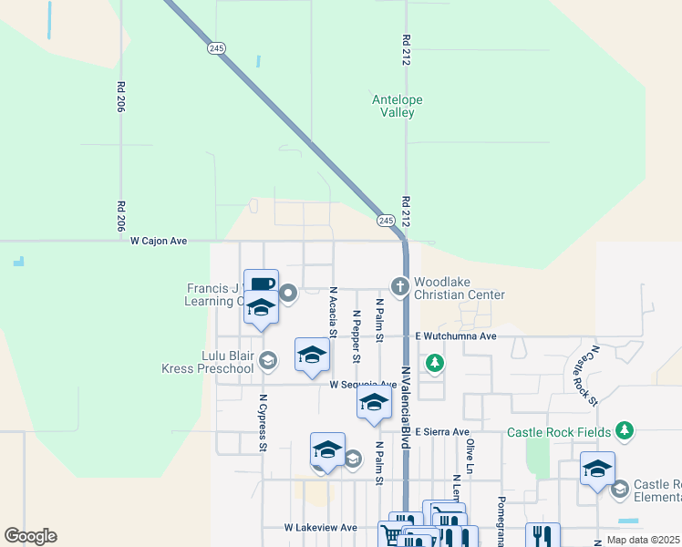 map of restaurants, bars, coffee shops, grocery stores, and more near 308 Kaweah Street in Woodlake