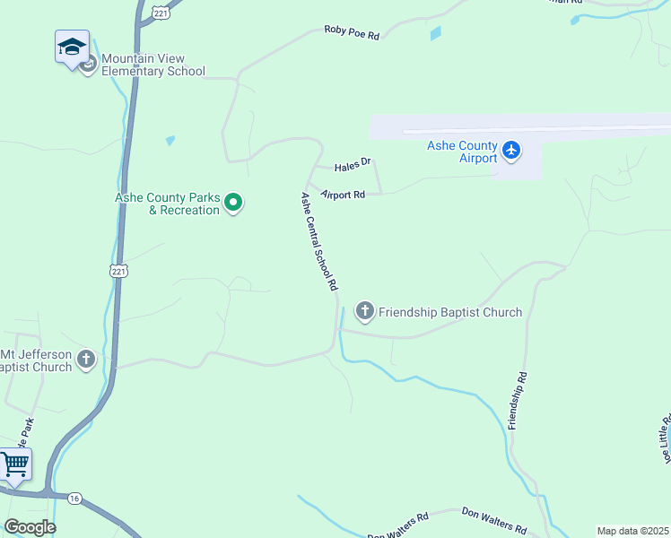 map of restaurants, bars, coffee shops, grocery stores, and more near 1251 Ashe Central School Road in Jefferson