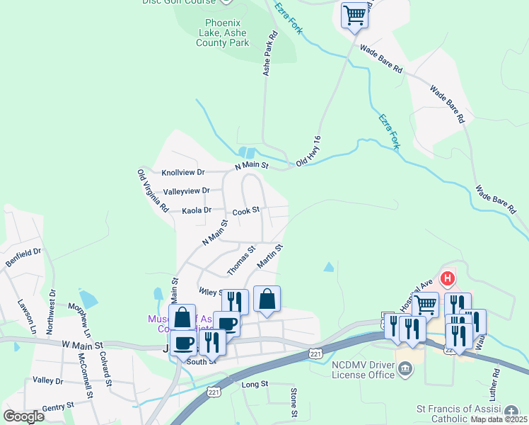 map of restaurants, bars, coffee shops, grocery stores, and more near 106 Ridge Drive in Jefferson