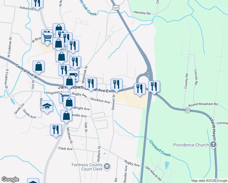 map of restaurants, bars, coffee shops, grocery stores, and more near 511 Central Avenue East in Jamestown