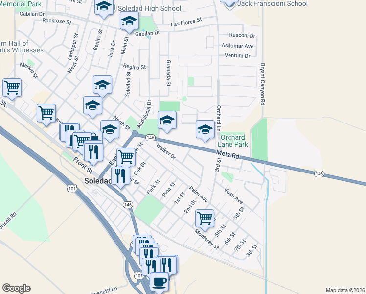 map of restaurants, bars, coffee shops, grocery stores, and more near 1261 Metz Road in Soledad