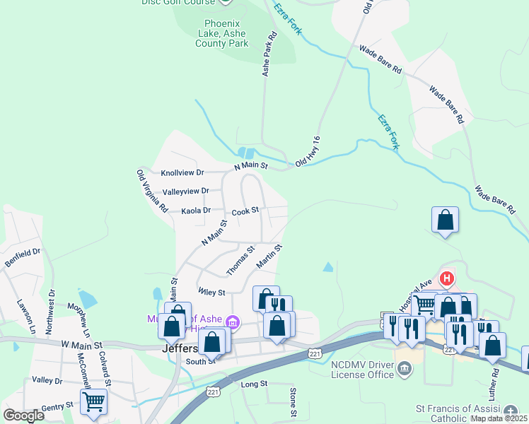 map of restaurants, bars, coffee shops, grocery stores, and more near 106 Ridge Drive in Jefferson