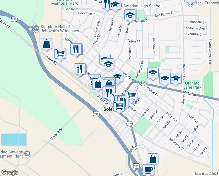 map of restaurants, bars, coffee shops, grocery stores, and more near 615 Monterey Street in Soledad