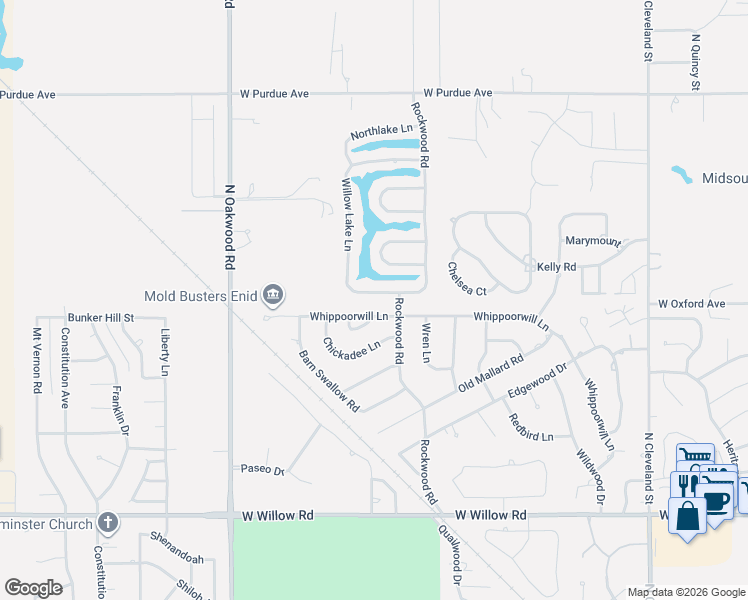 map of restaurants, bars, coffee shops, grocery stores, and more near 3517 Willow Lake Ln in Enid