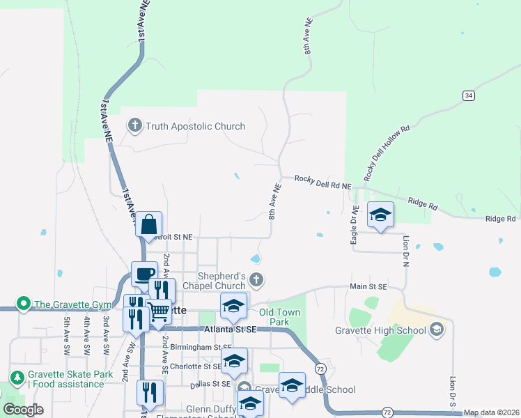 map of restaurants, bars, coffee shops, grocery stores, and more near 602 Elgin Street Northeast in Gravette