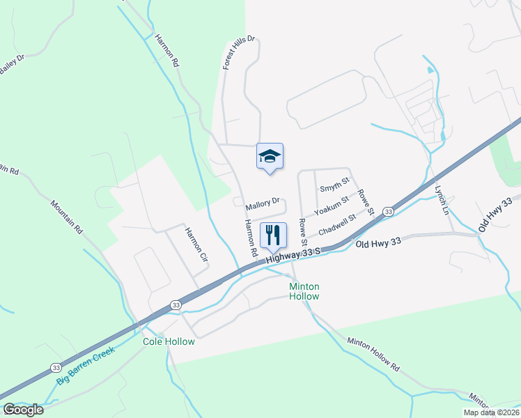 map of restaurants, bars, coffee shops, grocery stores, and more near 319 Mallory Drive in New Tazewell