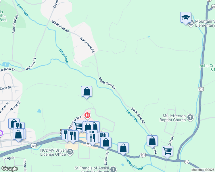map of restaurants, bars, coffee shops, grocery stores, and more near 853 Wade Bare Road in Jefferson