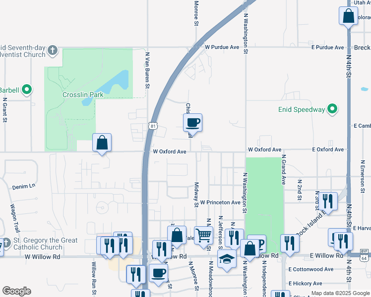 map of restaurants, bars, coffee shops, grocery stores, and more near 706 West Oxford Avenue in Enid