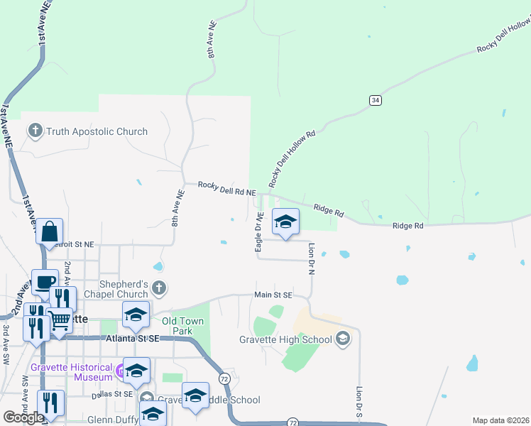 map of restaurants, bars, coffee shops, grocery stores, and more near 700 Eagle Drive in Gravette