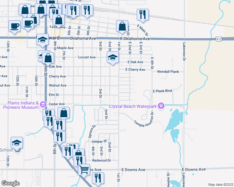 map of restaurants, bars, coffee shops, grocery stores, and more near 112 East Elm Avenue in Woodward