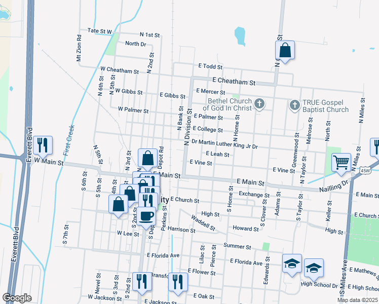 map of restaurants, bars, coffee shops, grocery stores, and more near 215 North Division Street in Union City