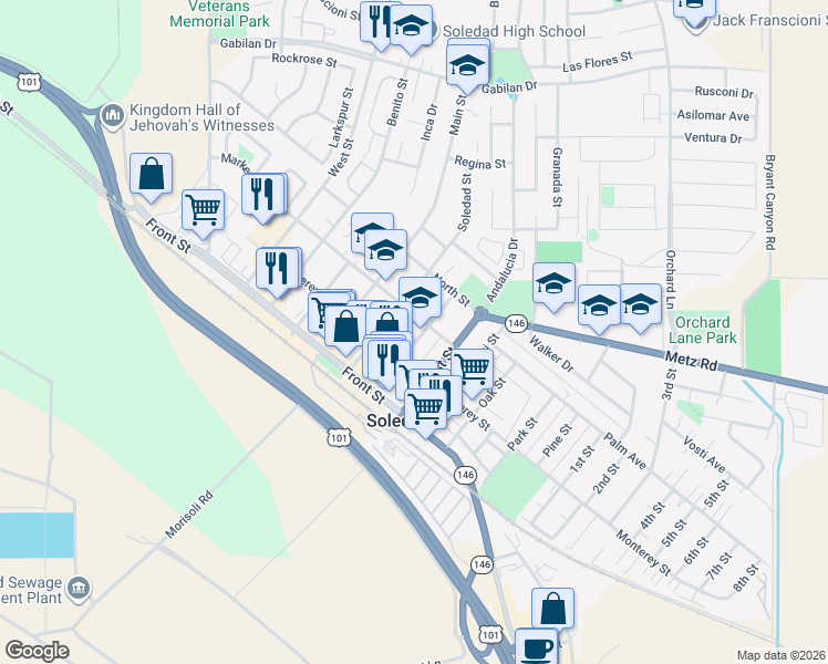 map of restaurants, bars, coffee shops, grocery stores, and more near 261 Kidder Street in Soledad