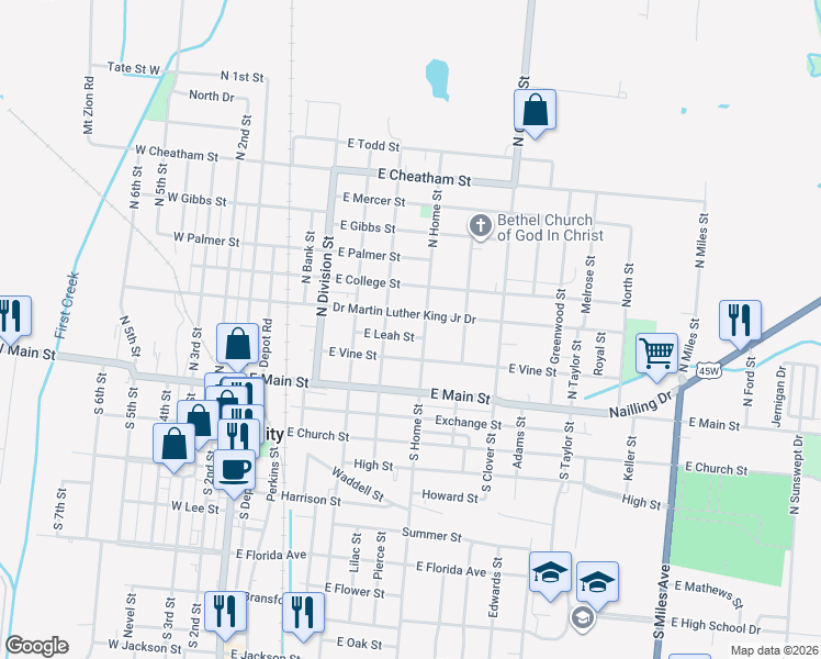 map of restaurants, bars, coffee shops, grocery stores, and more near 622 East Leah Street in Union City