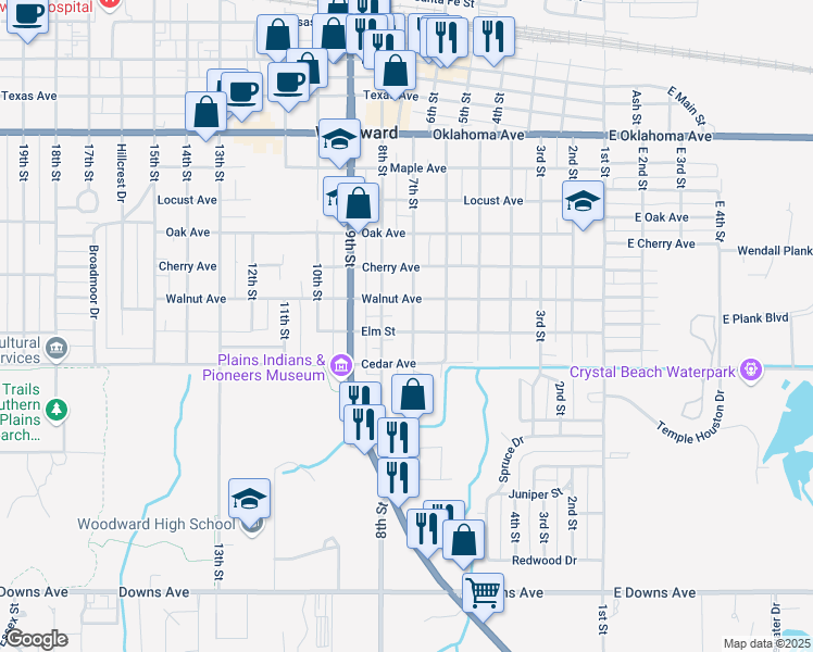 map of restaurants, bars, coffee shops, grocery stores, and more near 1823 7th Street in Woodward