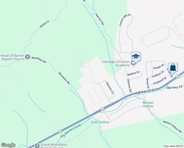 map of restaurants, bars, coffee shops, grocery stores, and more near 150 Rutherford Drive in New Tazewell