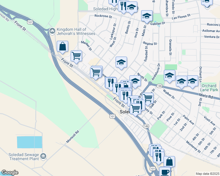 map of restaurants, bars, coffee shops, grocery stores, and more near 137 Main Street in Soledad