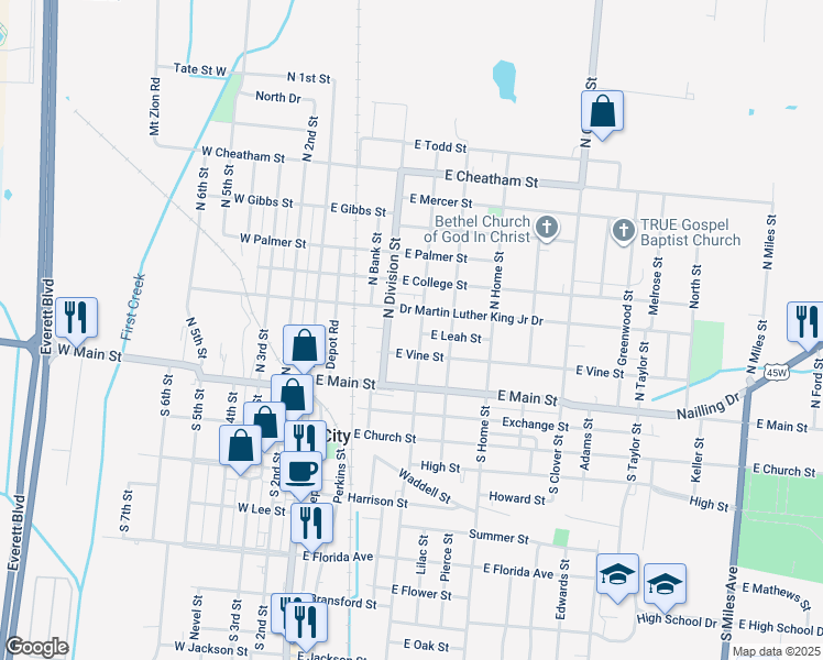 map of restaurants, bars, coffee shops, grocery stores, and more near 215 North Division Street in Union City