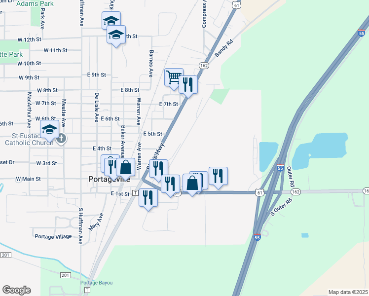 map of restaurants, bars, coffee shops, grocery stores, and more near 504 Foster Avenue in Portageville
