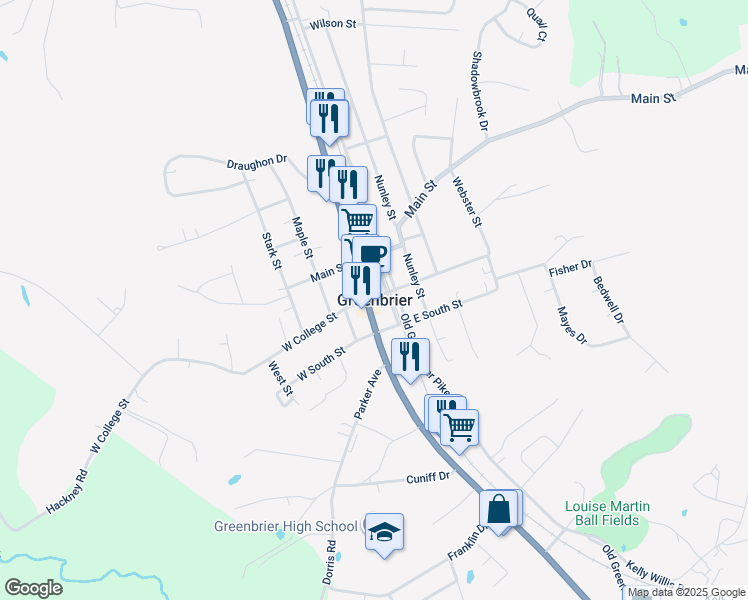 map of restaurants, bars, coffee shops, grocery stores, and more near in Greenbrier