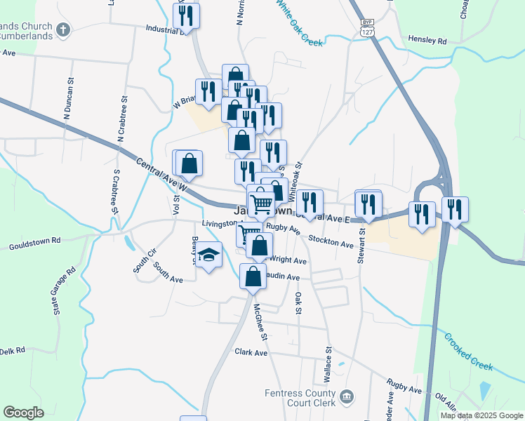 map of restaurants, bars, coffee shops, grocery stores, and more near in Jamestown