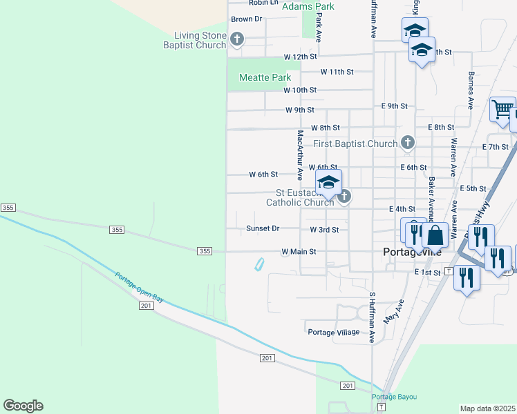 map of restaurants, bars, coffee shops, grocery stores, and more near 104 Redbud Circle in Portageville