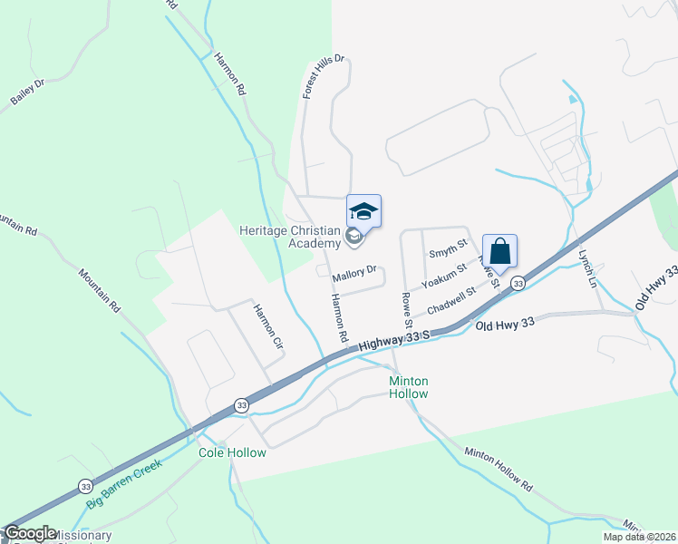 map of restaurants, bars, coffee shops, grocery stores, and more near 374 Mallory Drive in New Tazewell