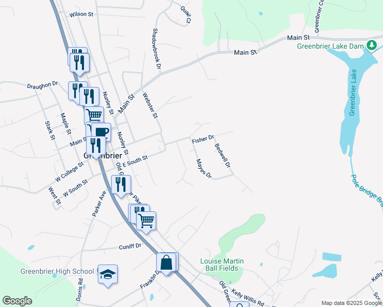 map of restaurants, bars, coffee shops, grocery stores, and more near 1010 Mayes Drive in Greenbrier