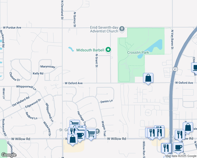 map of restaurants, bars, coffee shops, grocery stores, and more near 3115 North Grant Street in Enid