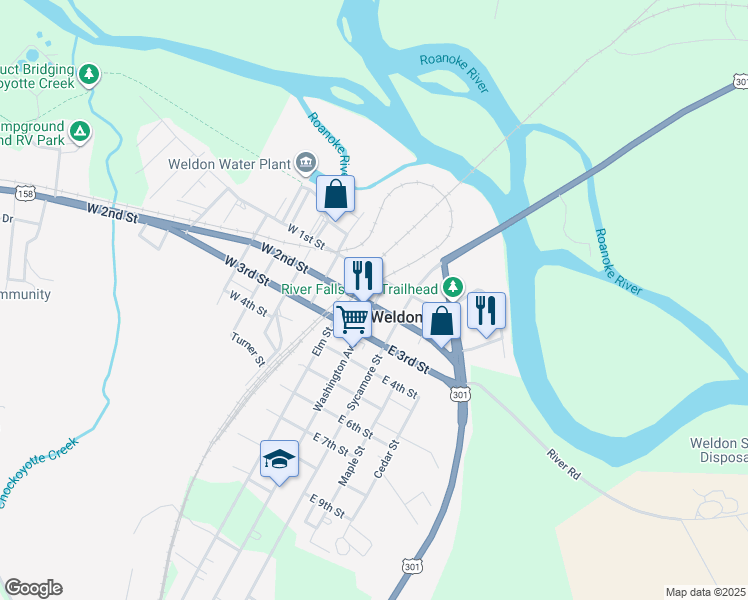 map of restaurants, bars, coffee shops, grocery stores, and more near 118 Washington Avenue in Weldon