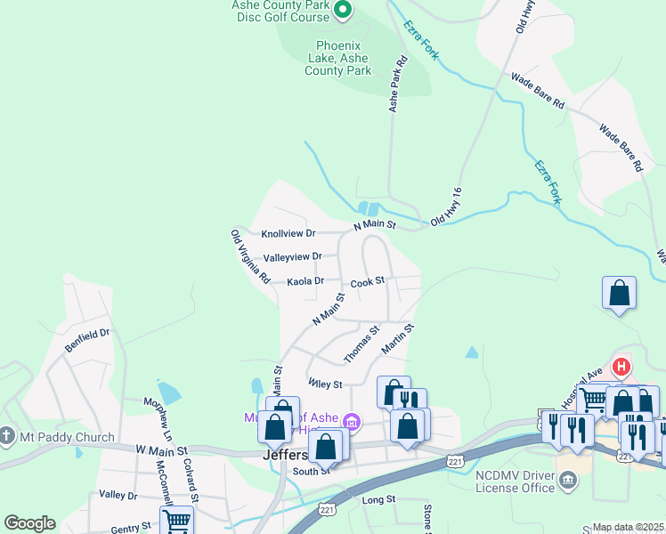 map of restaurants, bars, coffee shops, grocery stores, and more near 511 North Main Street in Jefferson